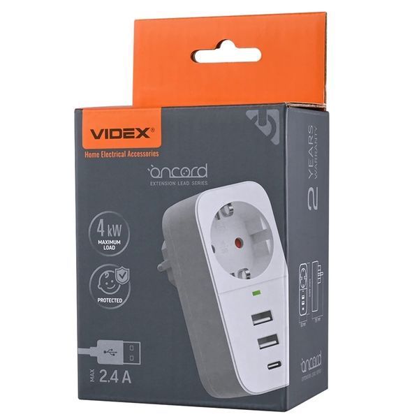 VIDEX ONCORD 1п 2.4A 2USB+USB-C Мережевий адаптер Type-C з заземленням 112140 фото