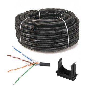 Комплект: UTP 4*2*0.5-CU PE кат.5е (UTP мідь зовнішній) бухта 305м + Гофротруба 220 TM Professional D 32 мм (25 м) чорний + Кліпса для гофри 32 мм (50 шт/уп) чорна 1067701 фото